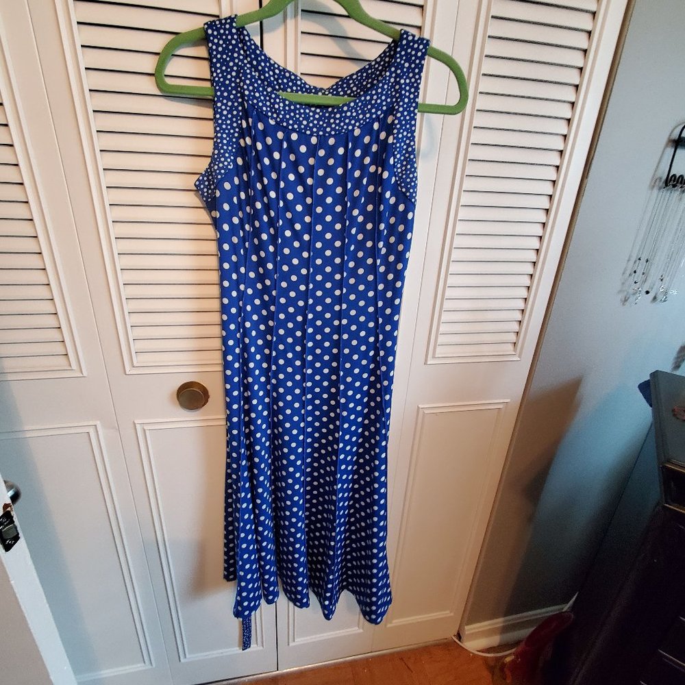 Blue and white polka dot dress